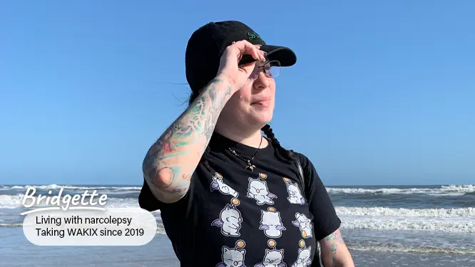 Video thumbnail of Bridgette, a real person with narcolepsy with cataplexy taking WAKIX