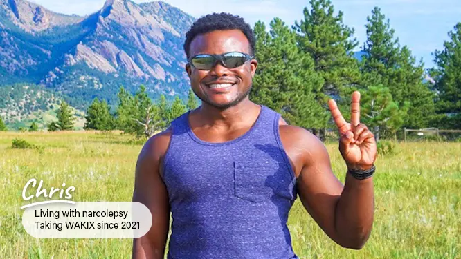 Video thumbnail of Chris, a real person with narcolepsy with cataplexy taking WAKIX